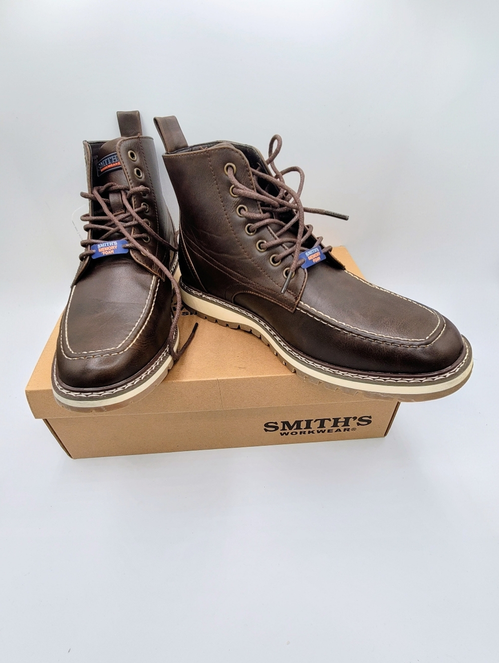 Mens Moc Toe Work Boots Brown Lace Up Lug Sole Size 9 Red Wing Style Smith's